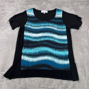 Allison Izu Petite Top Blouse Women's‎ Size Small Blue Geometric Stretch Casual